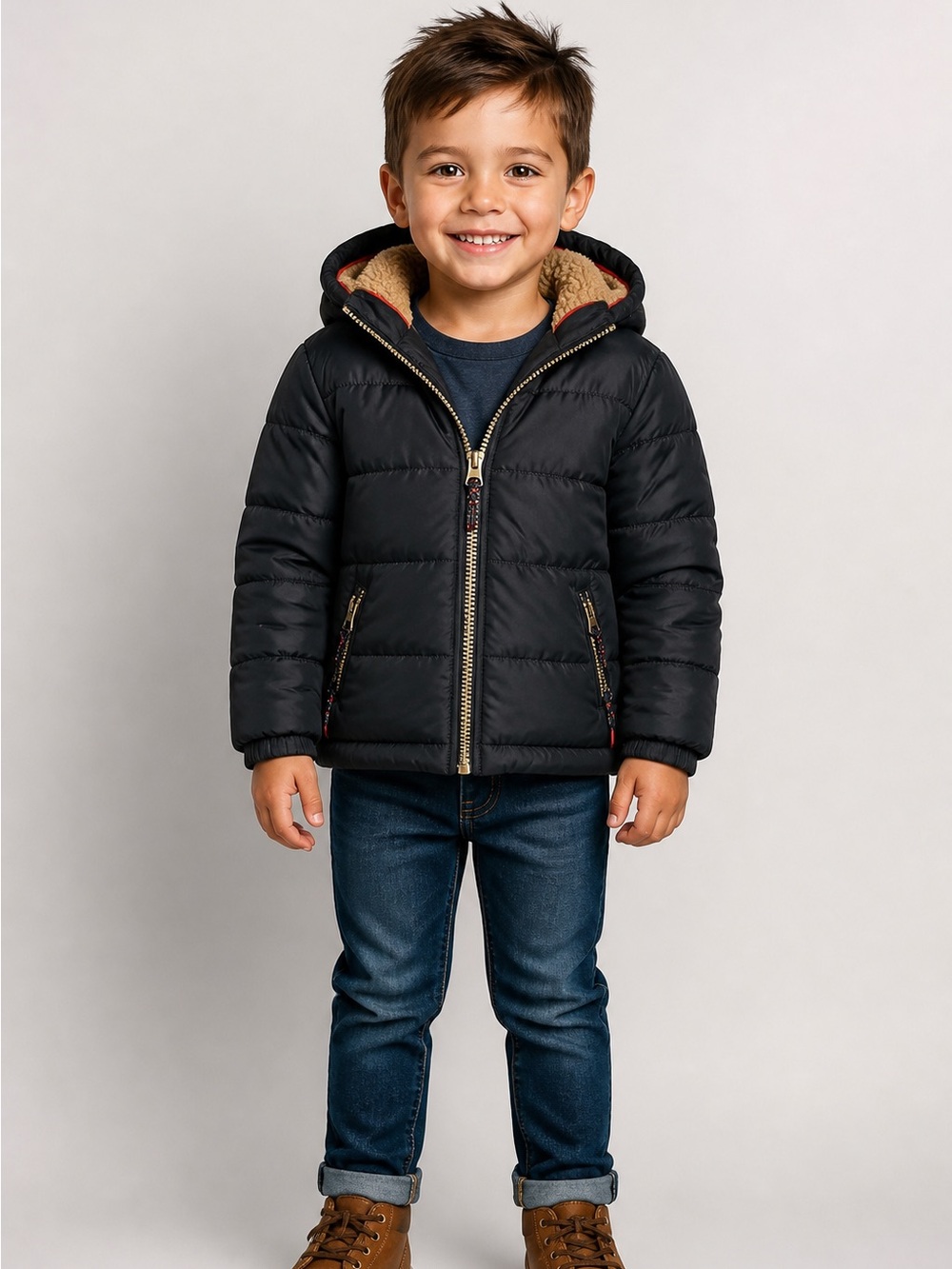Fat Face Navy Puffer Jacket with Tan Sherpa Hood Lining